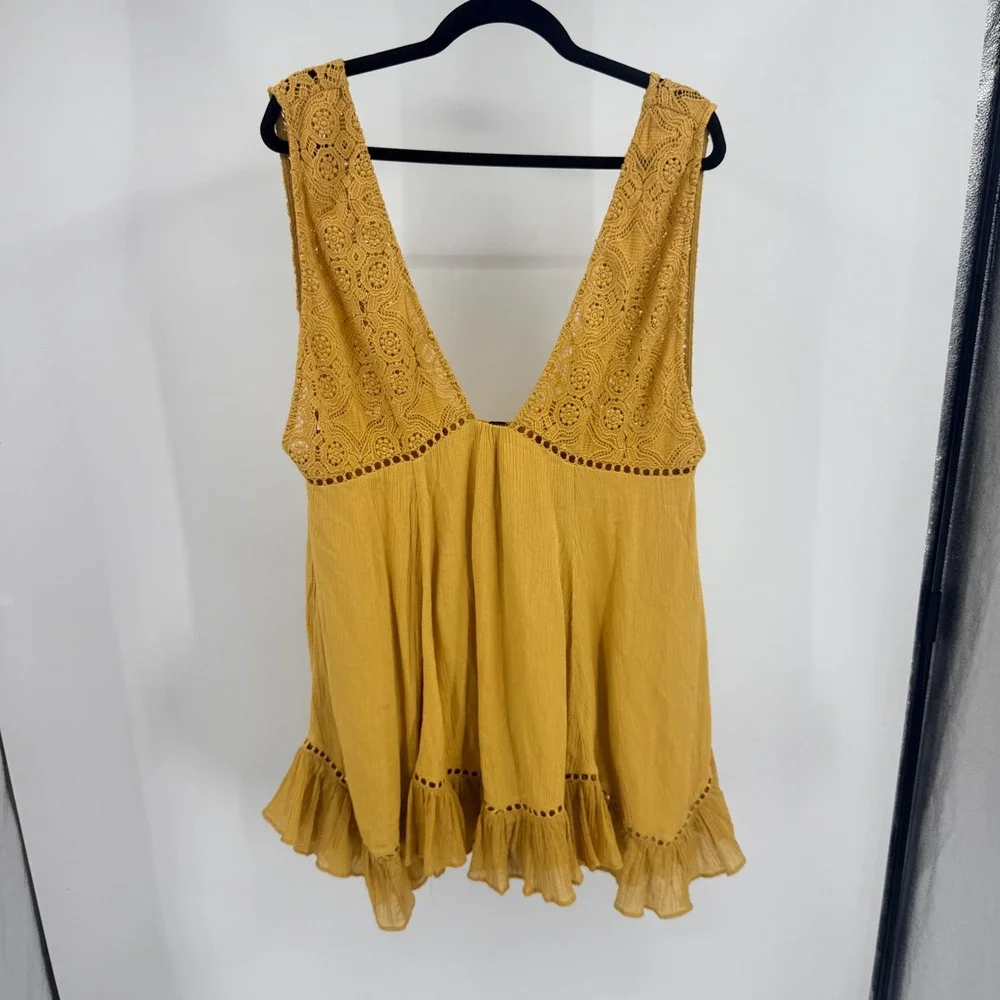 Free People Mustard Yellow Crochet Lace V-Neck Ruffle Mini Dress Womens Medium